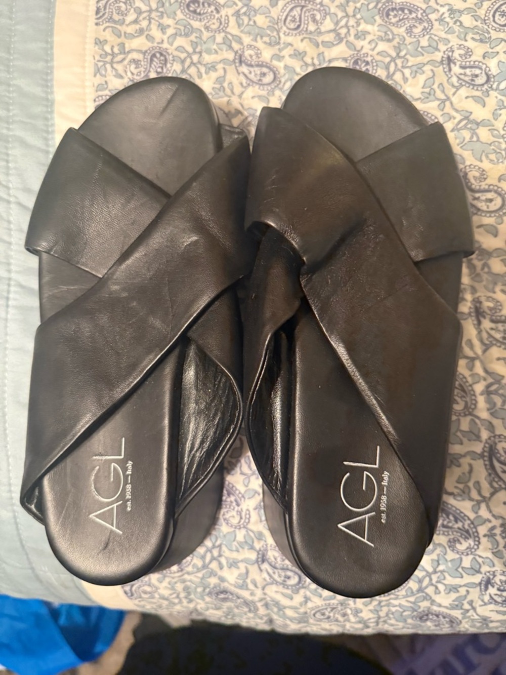 AGL Black Leather Crisscross Slide Sandals with Neutral Soles
